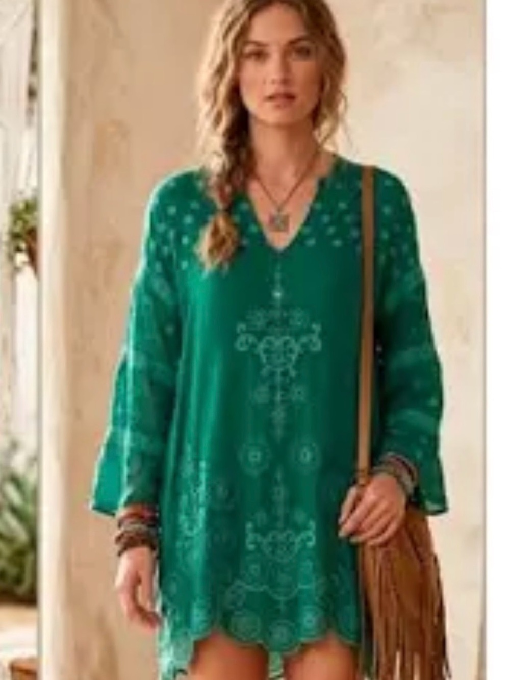 Johnny Was Emerald Green Embroidered V-Neck Tunic